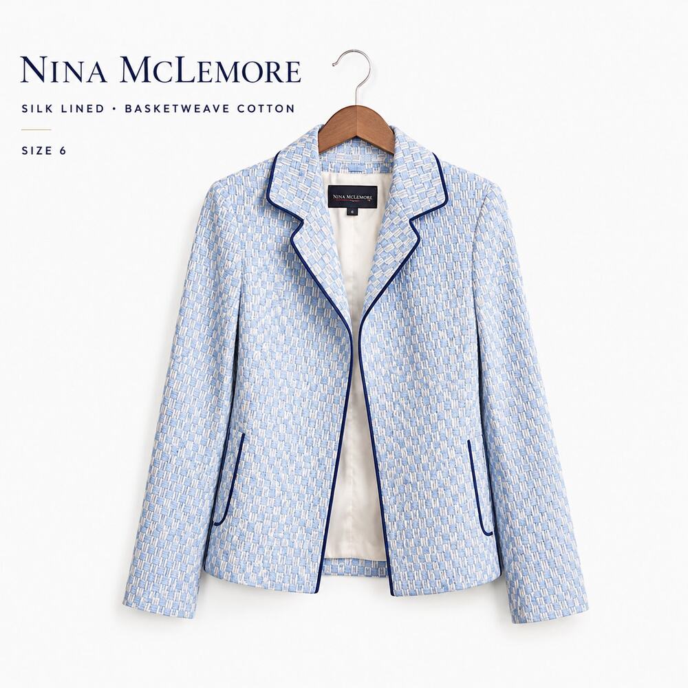Nina McLemore Blazer Basketweave Cotton Blue White Silk Lined Size 6
